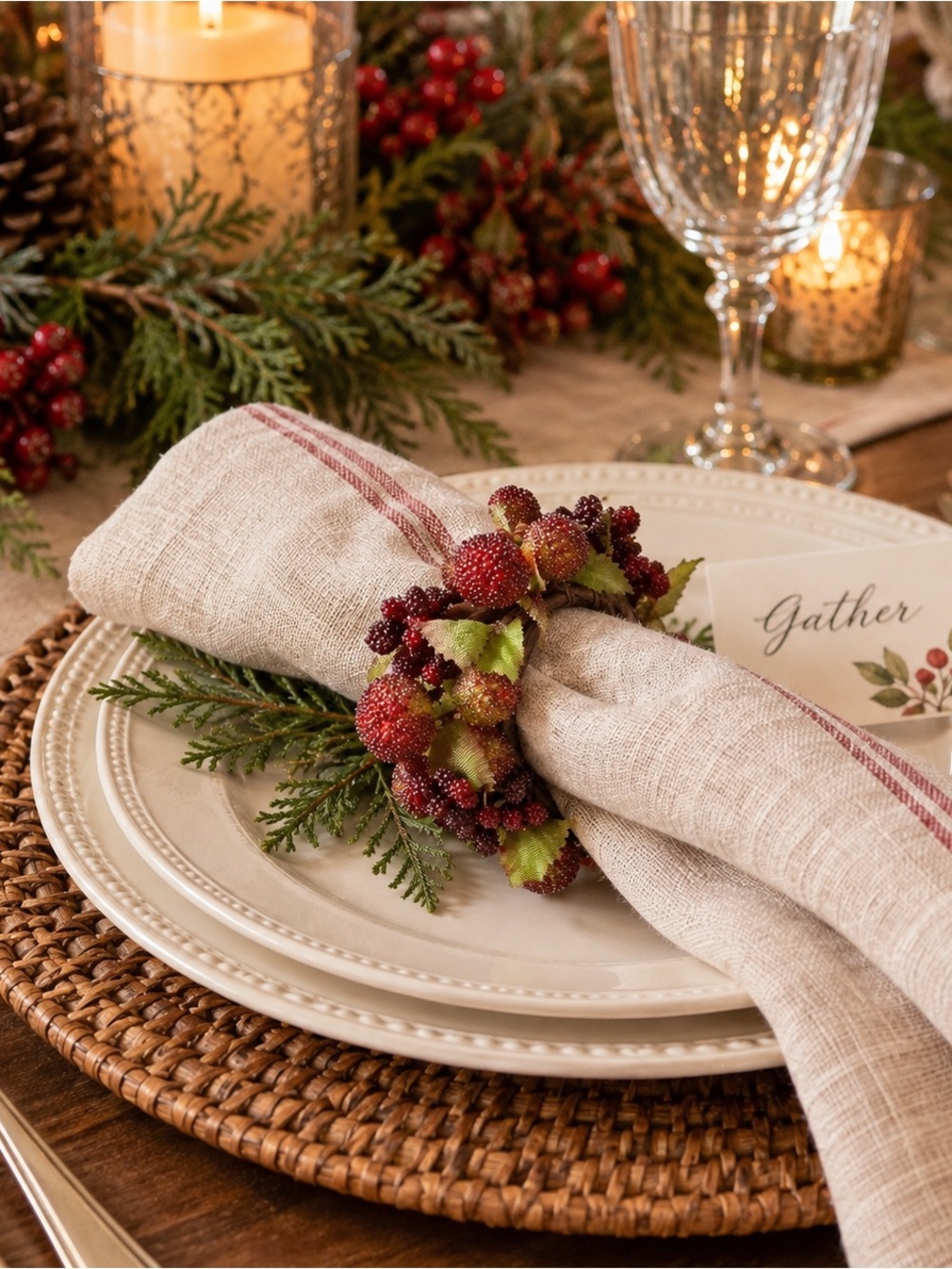 Pier One Sugared Cranberry Berry Wreath Holiday Napkin Rings Set of 6 NIB 2 Avl